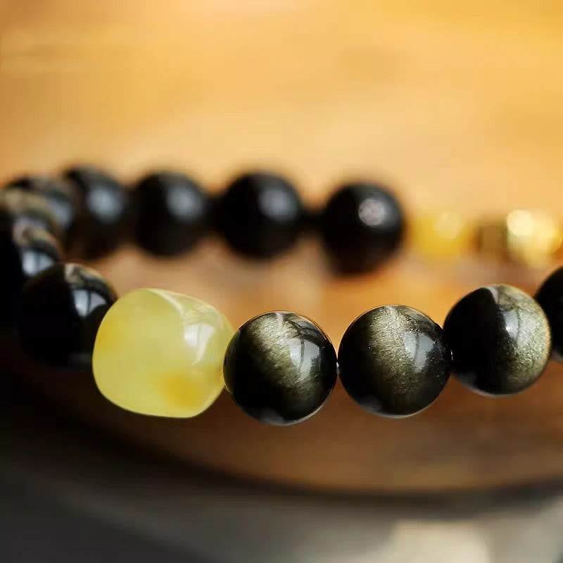 Nimara Ritual 925 Sterling Silver Chinese Zodiac Natal Buddha Natural Gold Sheen Obsidian Amber Wealth Protection Bracelet