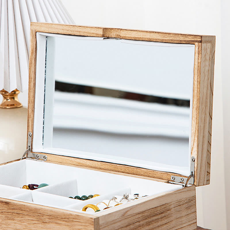 Nimara Ritual Retro Beige Wooden Jewelry Box Two-Layer Jewelry Storage Box With Mirror