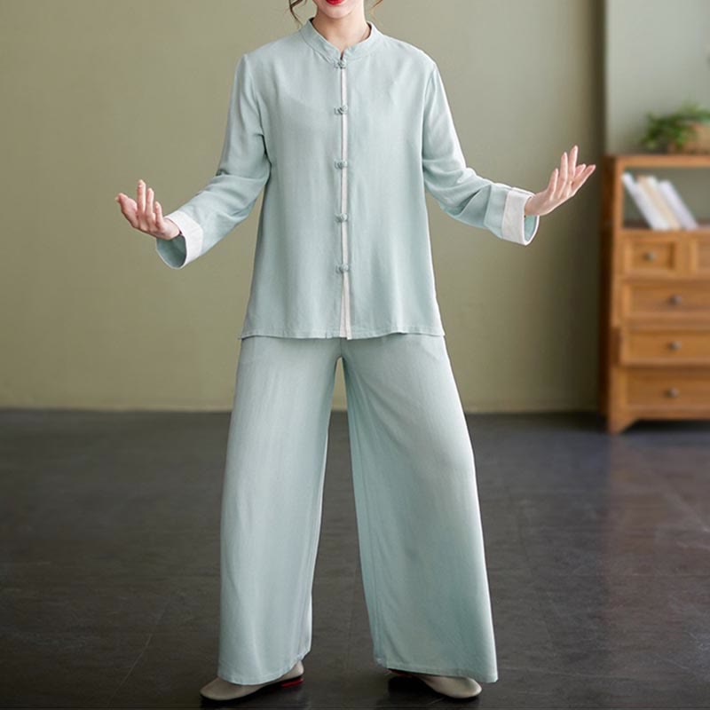 Nimara Ritual 2Pcs Tang Suit Long Sleeve Shirt Top Pants Meditation Zen Tai Chi Cotton Linen Clothing Women's Set