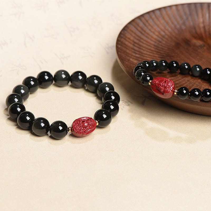 Nimara Ritual Chinese Zodiac Natal Buddha Natural Black Obsidian Cinnabar Purification Bracelet