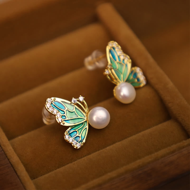 Nimara Ritual 925 Sterling Silver Posts 18K Gold Plated Copper Natural Pearl Butterfly Healing Stud Earrings