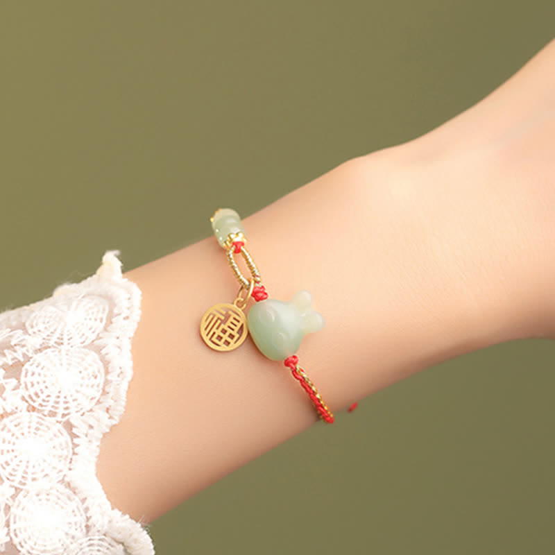 Nimara Ritual 925 Sterling Silver Year of the Rabbit Hetian Jade Happiness Luck Red String Bracelet