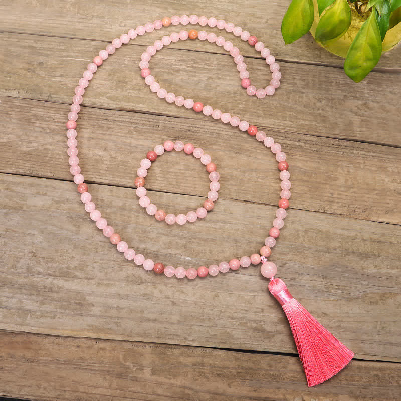 Nimara Ritual 108 Mala Beads Pink Crystal Love Tassel Bracelet