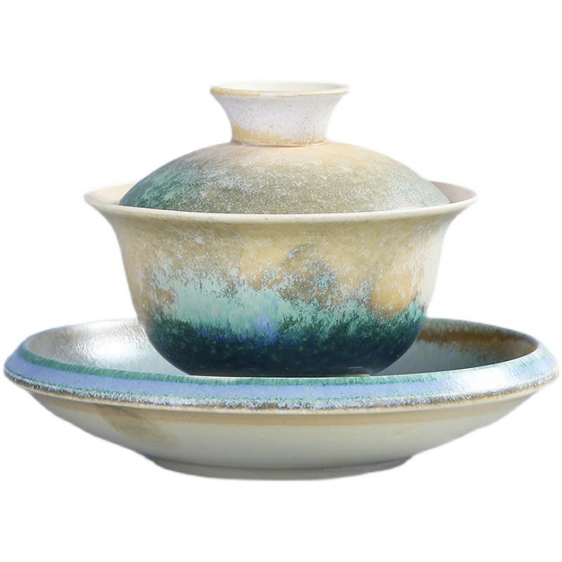 Nimara Ritual Green Ocean Waves Design Porcelain Ceramic Gaiwan Sancai Teacup Kung Fu Tea Cup And Saucer With Lid