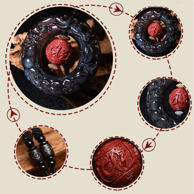 Nimara Ritual FengShui Natural Rainbow Obsidian PiXiu Cinnabar Healing Necklace Pendant