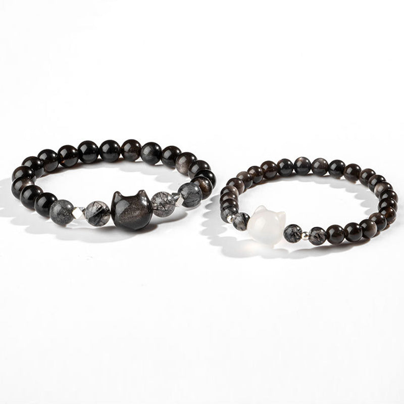 Nimara Ritual Natural Silver Sheen Obsidian Cute Cat Head Protection Bracelet