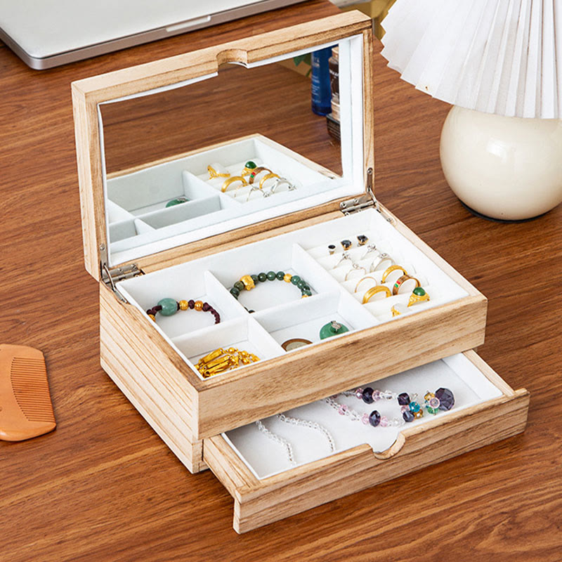 Nimara Ritual Retro Beige Wooden Jewelry Box Two-Layer Jewelry Storage Box With Mirror