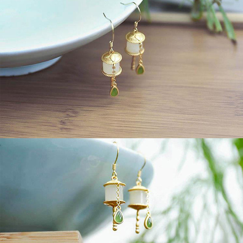 Nimara Ritual 925 Sterling Silver Jade Prayer Wheel Luck Drop Earrings