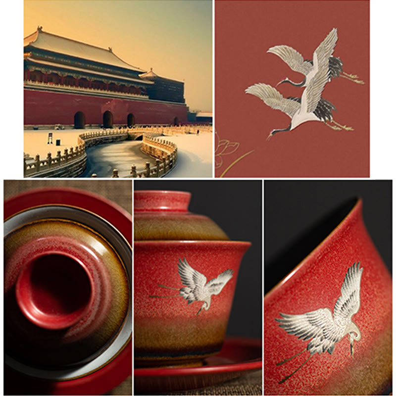 Nimara Ritual Red Auspicious Crane Ceramic Gaiwan Sancai Teacup Kung Fu Tea Cup And Saucer With Lid