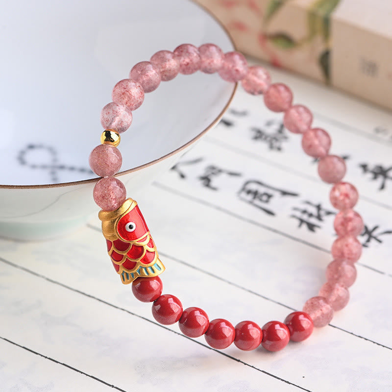 Nimara Ritual Natural Strawberry Quartz Cinnabar Lucky Koi Fish Healing Bracelet