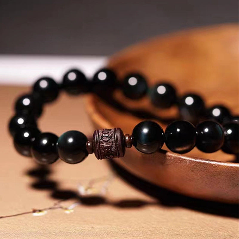 Nimara Ritual Natural Gold Sheen Obsidian Rainbow Obsidian Om Mani Padme Hum Fu Character Healing Bracelet
