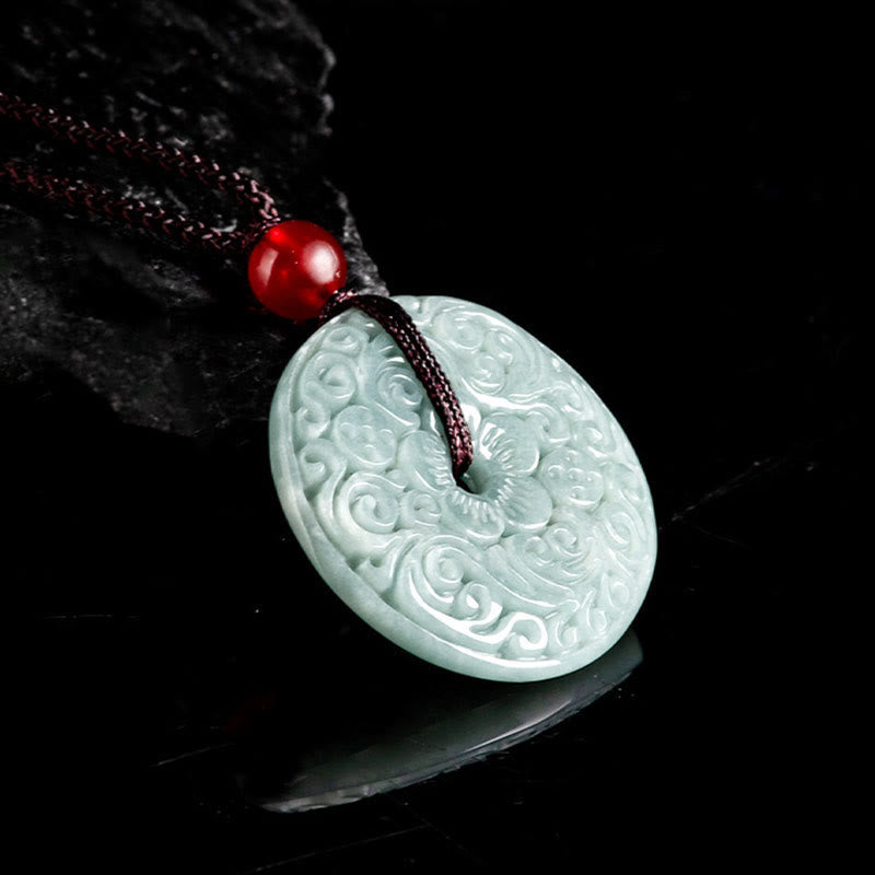 Nimara Ritual Green Jade Flower Carved Peace Buckle Abundance Necklace Pendant