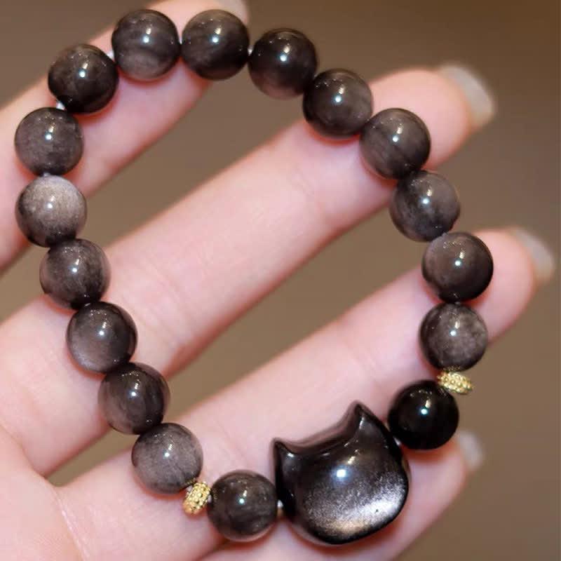 Nimara Ritual Gold Sheen Obsidian Silver Sheen Obsidian Lovely Paw Lucky Cat Protection Bracelet