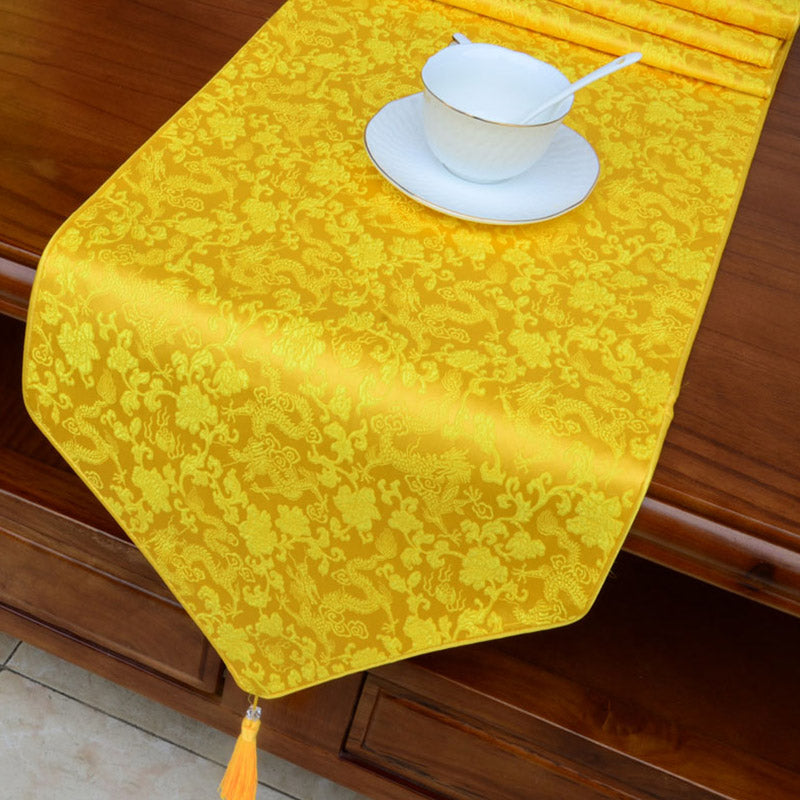 Nimara Ritual Prayer Altar Flower Vajra Dragon Pattern Tibetan Auspicious Symbols Tassels Jacquard Table Runner