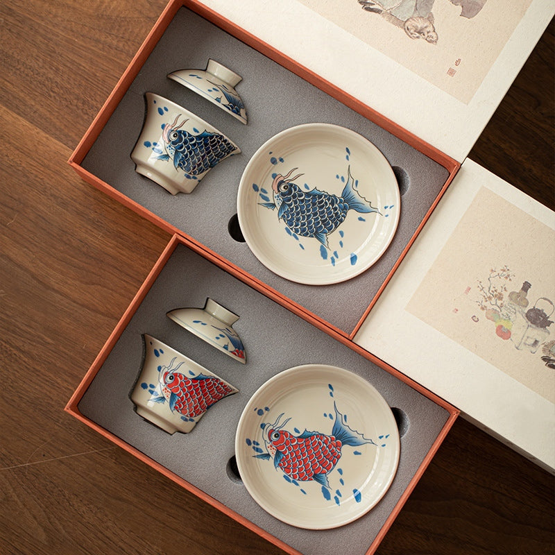 Nimara Ritual Koi Fish Arowana Ceramic Gaiwan Sancai Teacup Kung Fu Tea Cup With Lid 130ml