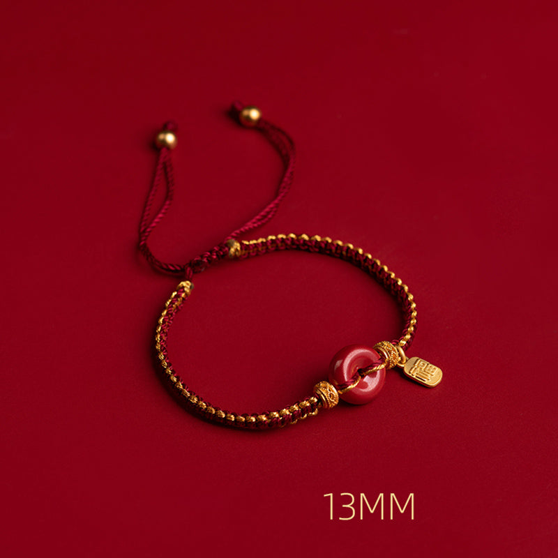 Nimara Ritual Natural Cinnabar Peace Buckle Fu Character Charm Blessing Braided Bracelet
