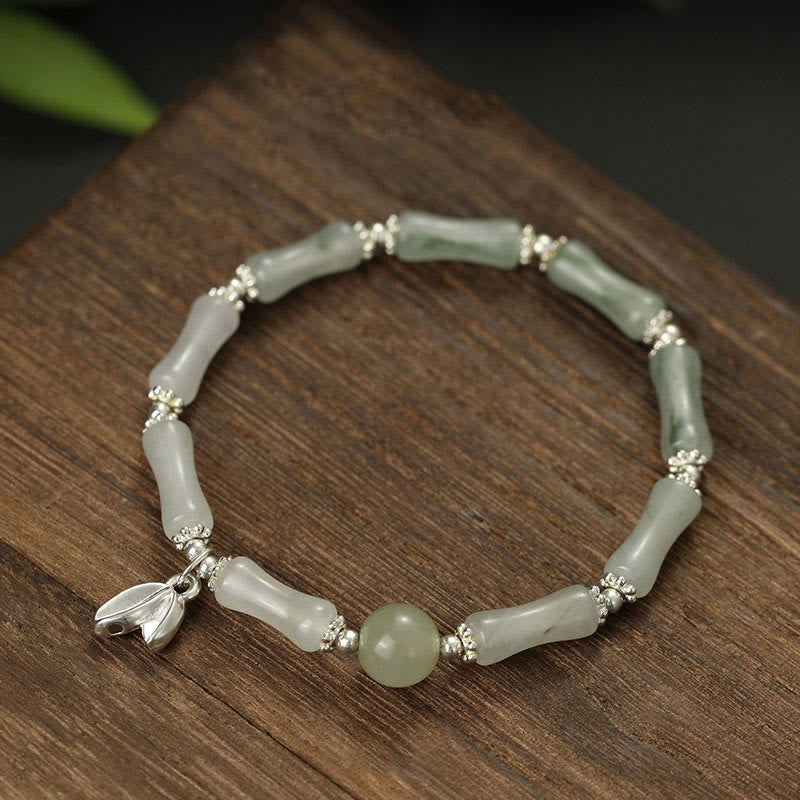 Nimara Ritual 925 Sterling Silver Natural Tianshan Jade Bamboo Charm Luck Bracelet