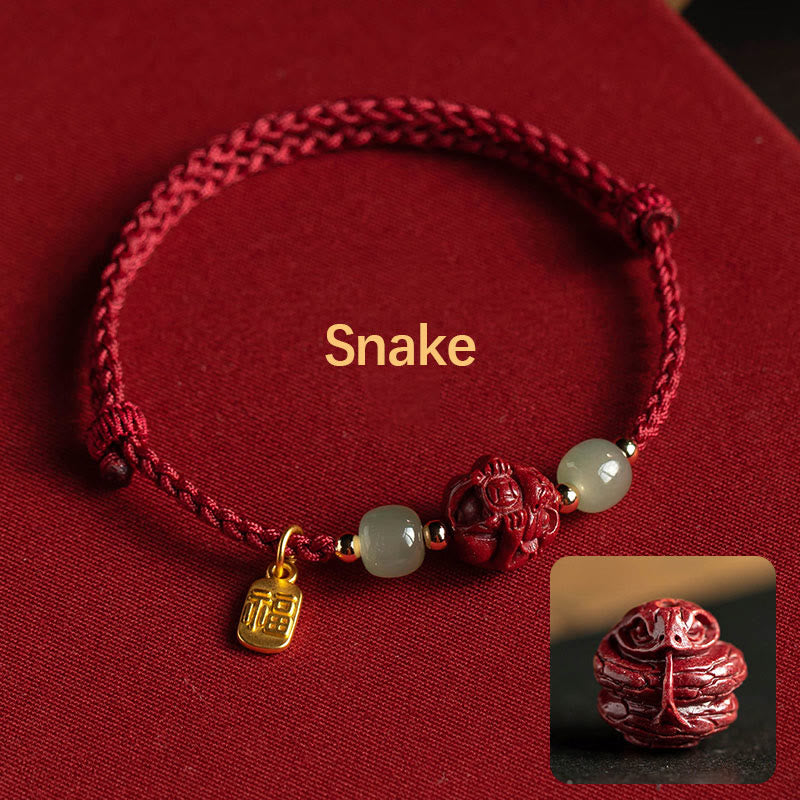 Nimara Ritual Natural Cinnabar Chinese Zodiac Hetian Jade Fu Character Luck Rope Bracelet