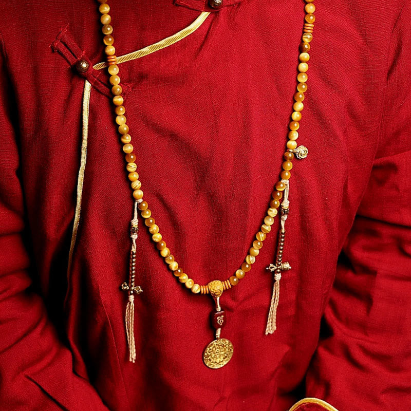 Nimara Ritual 108 Mala Beads Natural Tiger Eye Copper Dorje Protection Tassel Bracelet