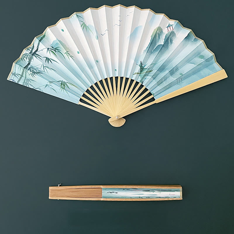 Nimara Ritual Retro Lotus Flower Leaf Mountain Lake Handheld Folding Fan With Bamboo Frames