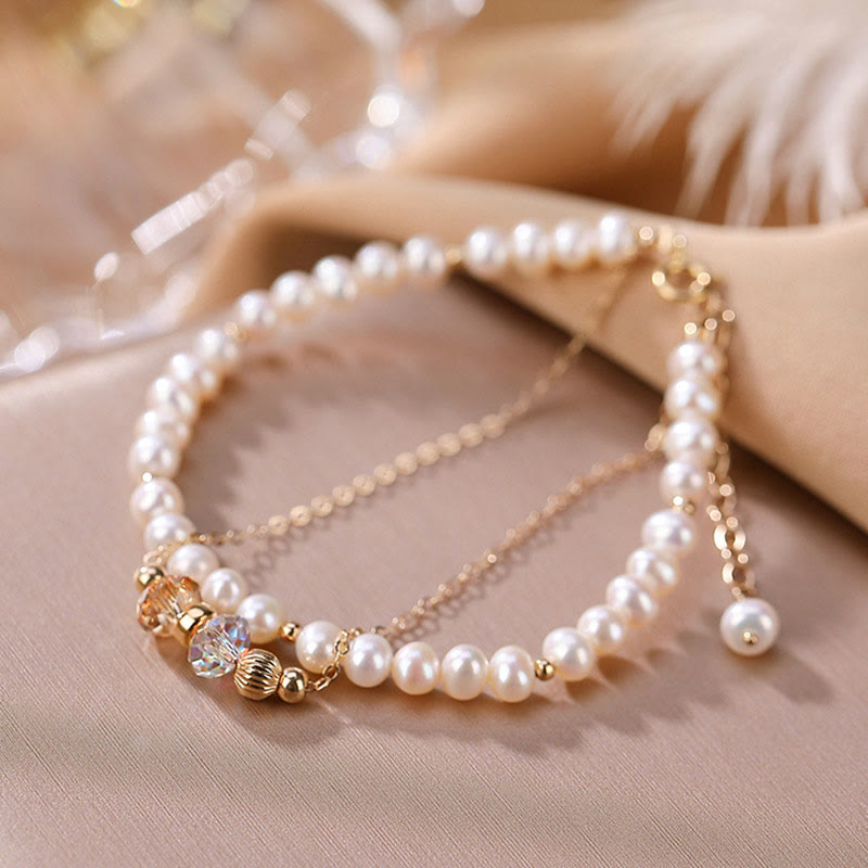 Nimara Ritual 925 Sterling Silver Plated 14k Gold Natural Pearl Crystal Healing Double Layer Bracelet