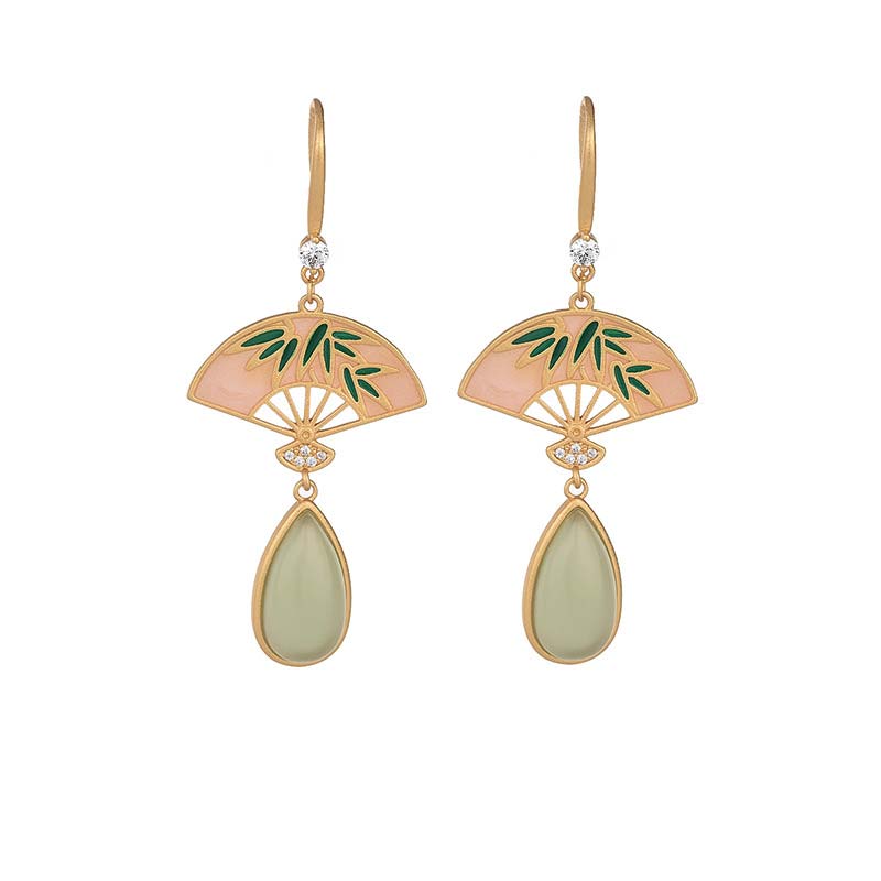 Nimara Ritual Natural Green Aventurine Fan Pattern Luck Drop Earrings