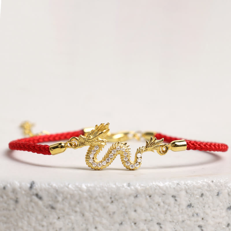 Nimara Ritual 925 Sterling Silver Year Of The Dragon Auspicious Golden Dragon Luck Red Rope Chain Bracelet
