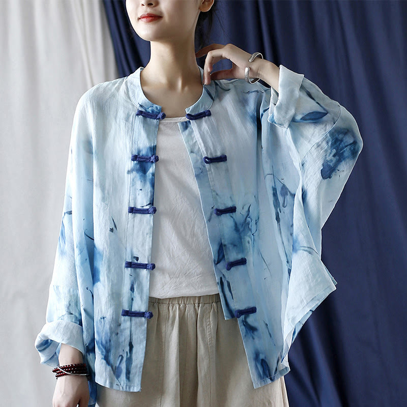 Nimara Ritual Tie Dye Blue Flowers Frog-Button Design Long Sleeve Ramie Linen Jacket Shirt