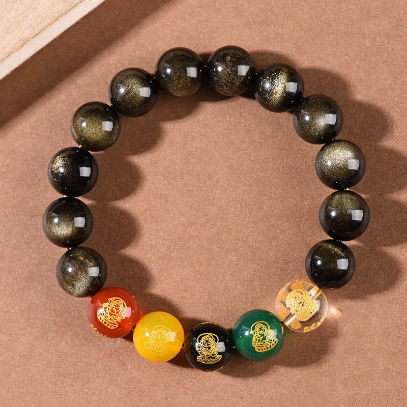Nimara Ritual Gold Sheen Obsidian Rainbow Obsidian Black Obsidian Five Directions Gods of Wealth Bracelet