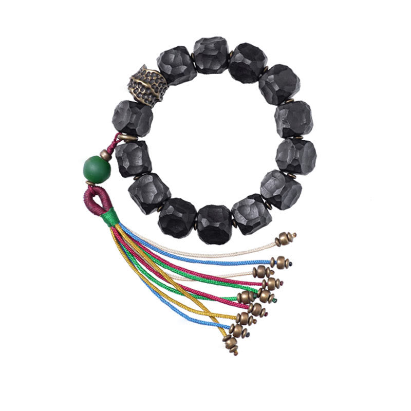 Nimara Ritual Tibet Ebony Wood Copper Peace Tassel Wrist Mala Bracelet