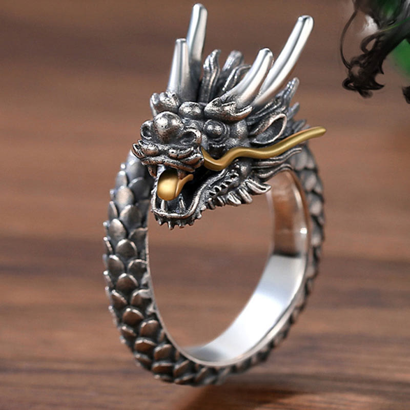 Nimara Ritual 925 Sterling Silver Vintage Dragon Design Protection Strength Adjustable Ring