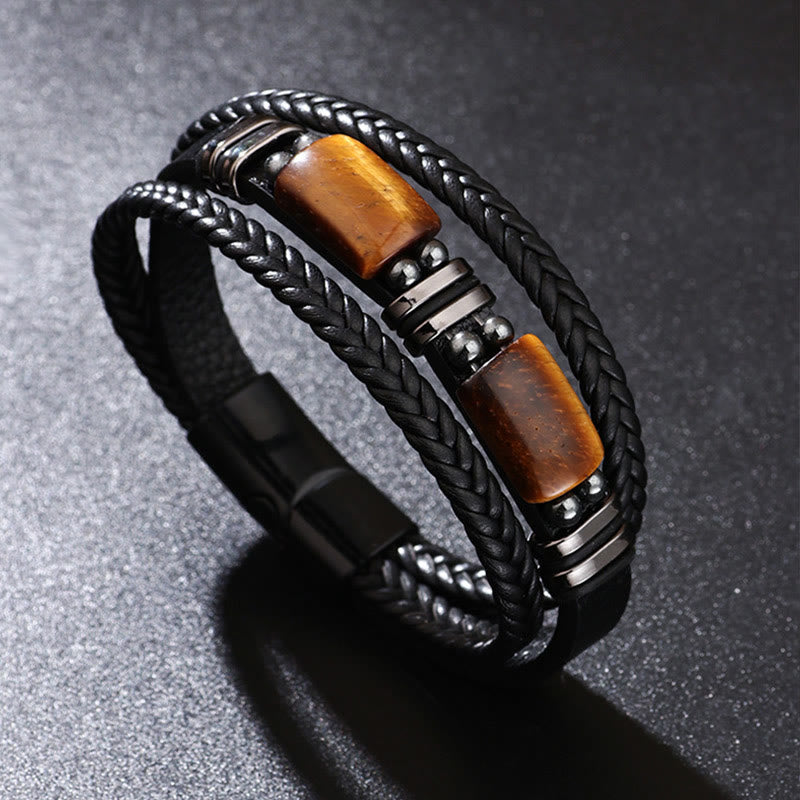 Nimara Ritual Tiger Eye Power Magnetic Buckle Multilayered Leather Bracelet