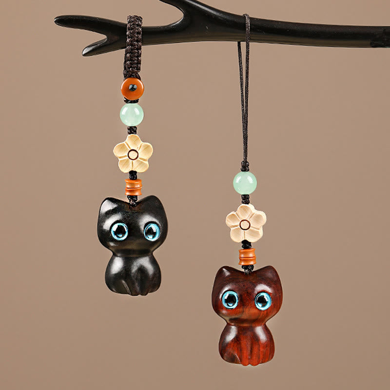 Nimara Ritual Mini Small Leaf Red Sandalwood Ebony Wood Lucky Cat Lovely Kitty Peace Key Chain Phone Hanging Decoration