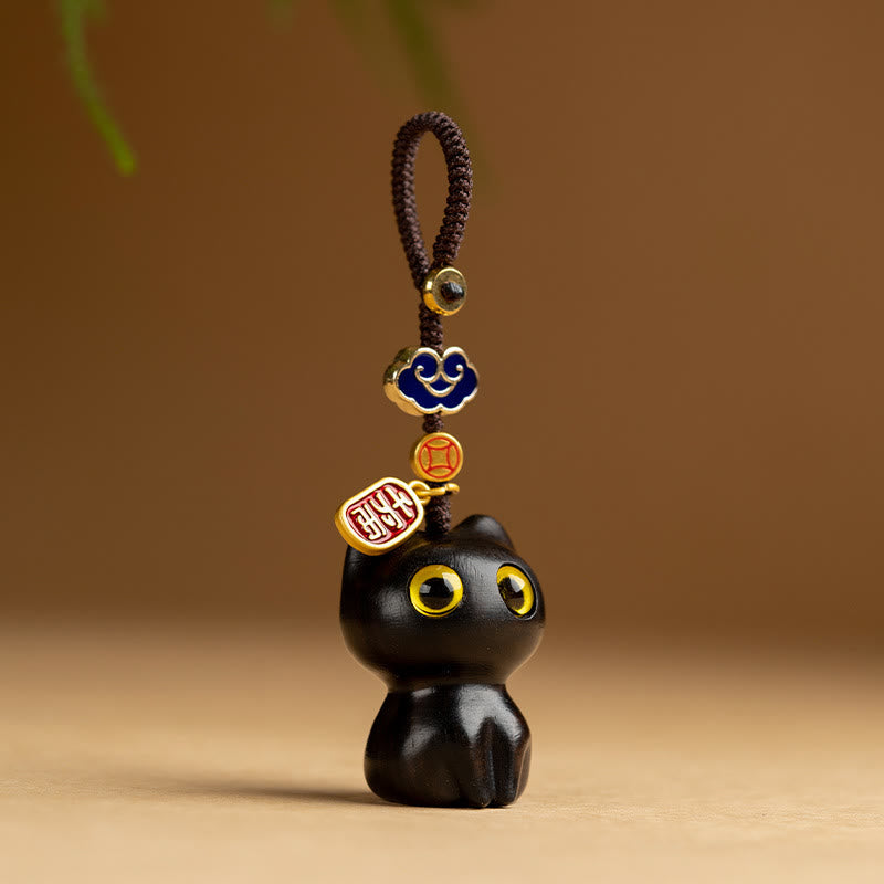 Nimara Ritual Small Leaf Red Sandalwood Ebony Wood Lucky Cat Protection Key Chain Phone Hanging Decoration