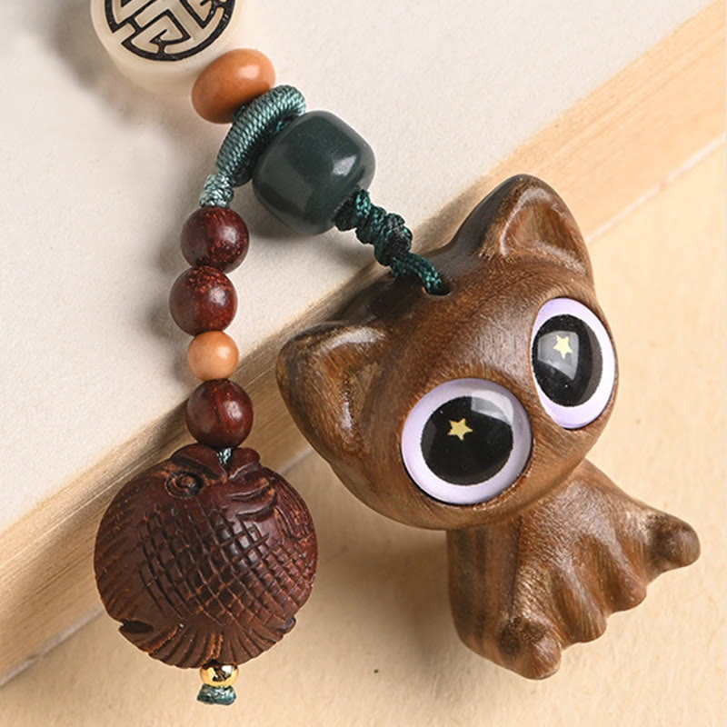 Nimara Ritual Green Sandalwood Lucky Cat Koi Fish Cure Key Chain Phone Hanging Decoration