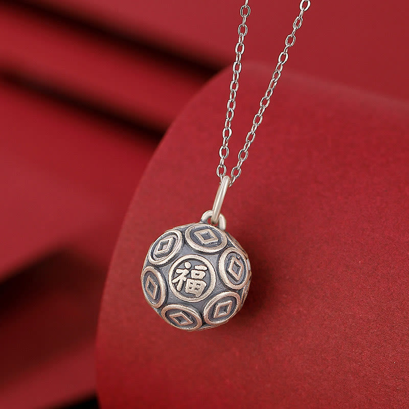 Nimara Ritual 990 Sterling Silver Fu Character Copper Coin Luck Fortune Chain Necklace Pendant