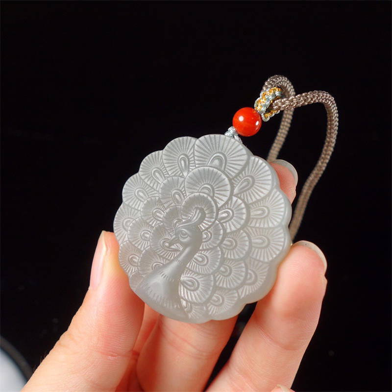 Nimara Ritual White Jade Peacock Protection Blessing Necklace Pendant