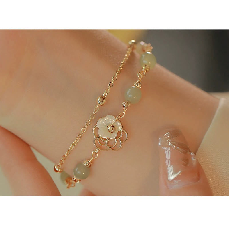 Nimara Ritual 14K Gold Plated Jade Butterfly Tridacna Stone Flower Double Layer Luck Bracelet