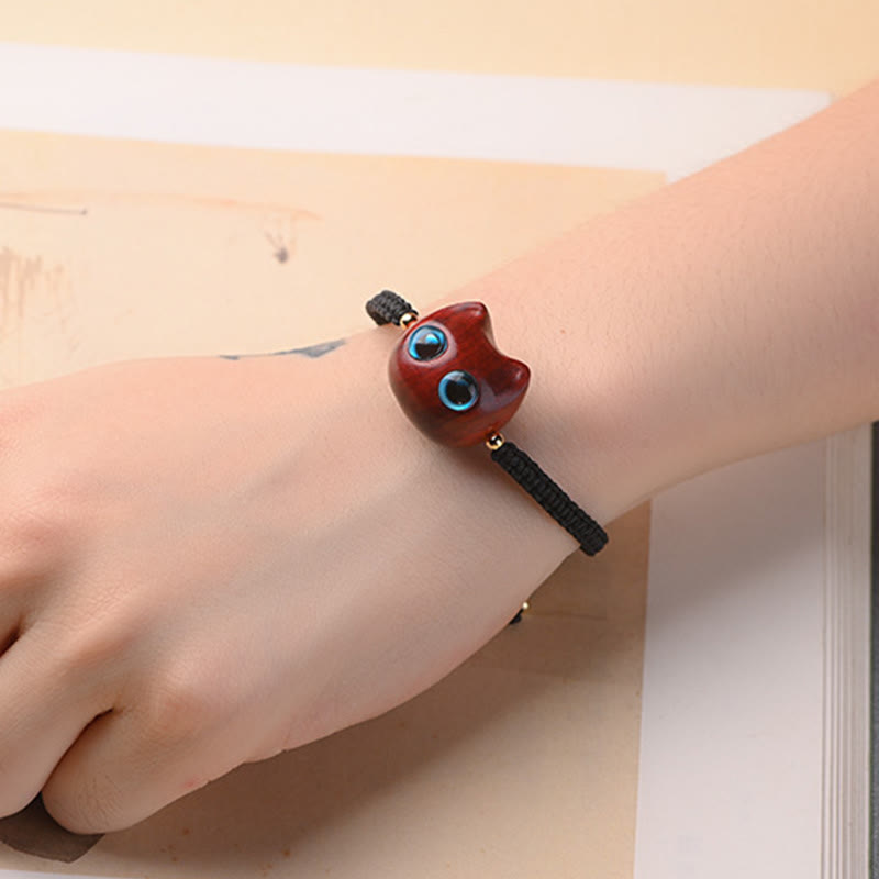Nimara Ritual Small Leaf Red Sandalwood Ebony Wood Cute Cat Head Calm Protection Braided Bracelet