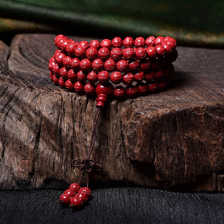Nimara Ritual 108 Mala Beads Cinnabar Om Mani Padme Hum Pattern Engraved Blessing Bracelet
