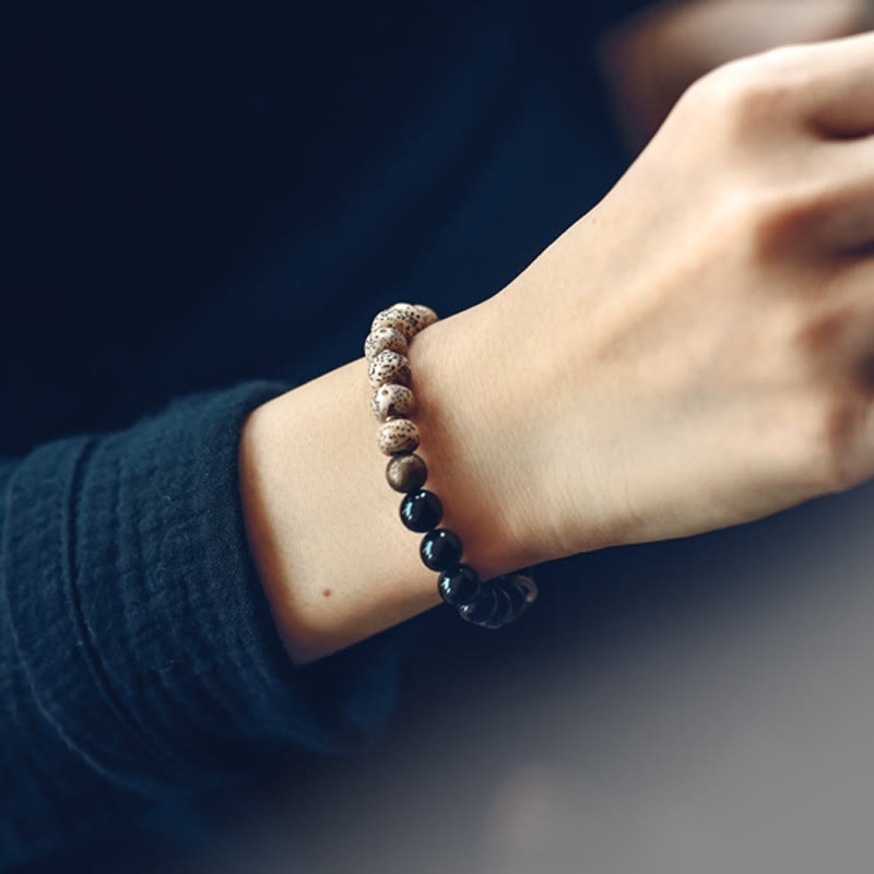 Nimara Ritual Tibetan Bodhi Seed Black Obsidian Ebony Wood Copper Peace Bracelet