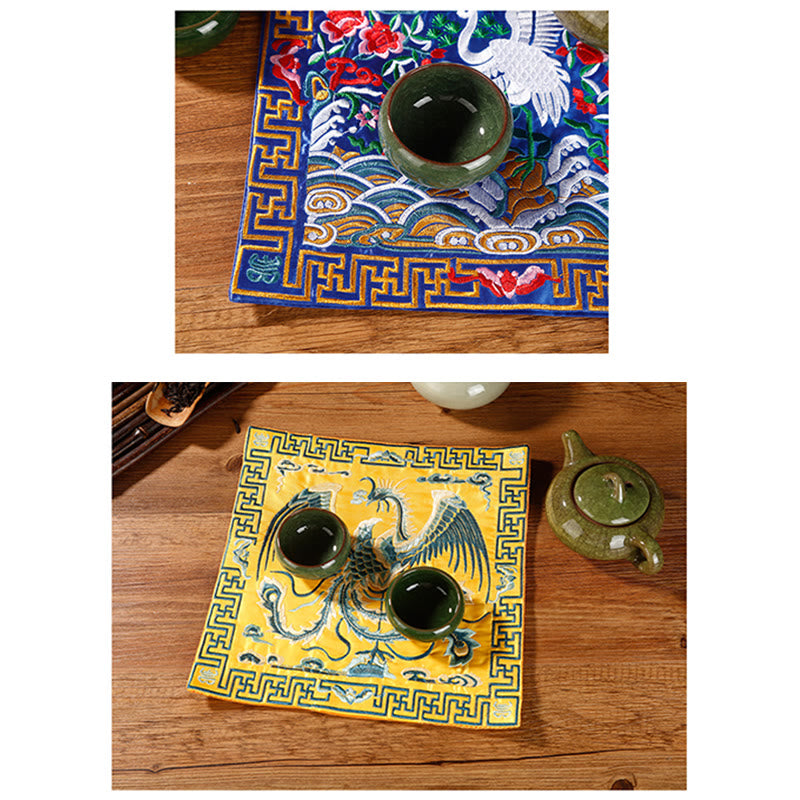 Nimara Ritual Crane Phoenix Dragon Kirin Embroidered Cup Mat Pad Tea Cup Coaster Square Kung Fu Tea Mat