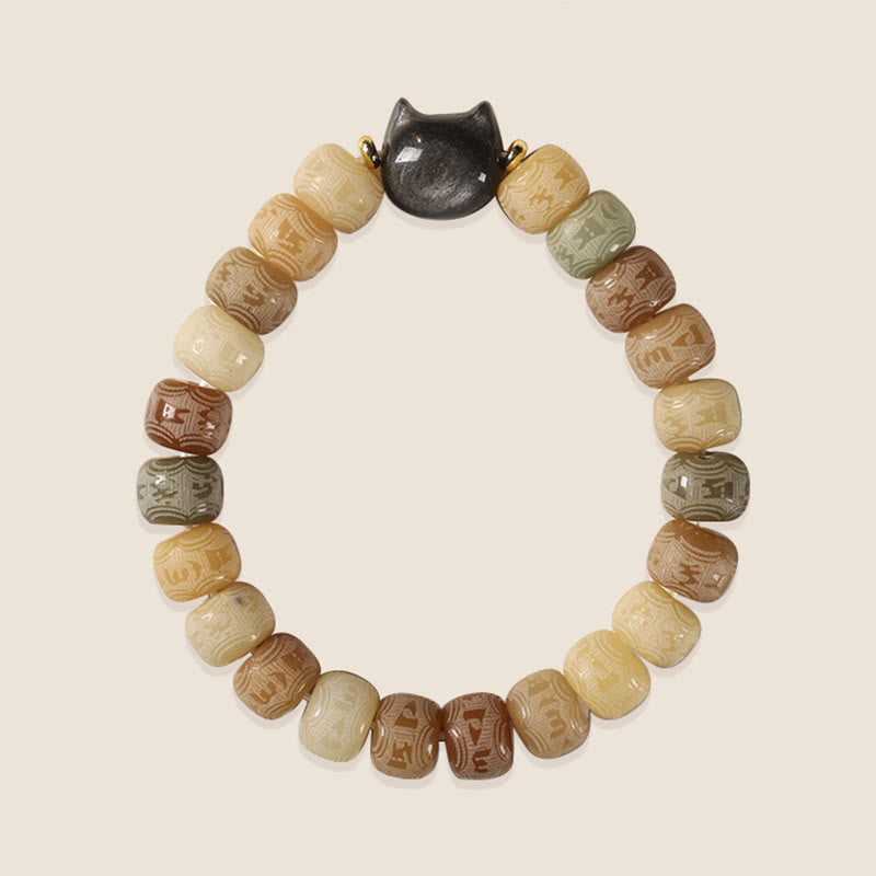 Nimara Ritual Bodhi Seed Silver Sheen Obsidian Cat Head Om Mani Padme Hum Engraved Harmony Bracelet