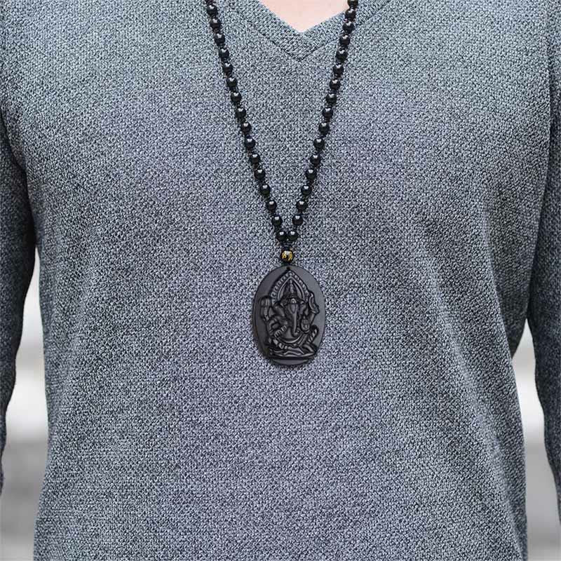 Nimara Ritual Tibetan Obsidian Ganesh Ganpati Elephant Wealth Amulet Necklace