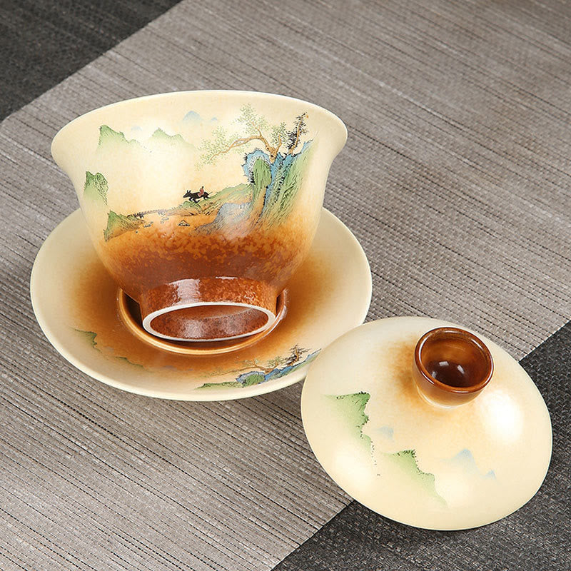 Nimara Ritual Mountain Landscape Countryside Ceramic Gaiwan Sancai Teacup Kung Fu Tea Cup And Saucer With Lid
