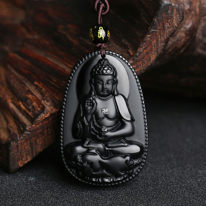 Nimara Ritual Chinese Zodiac Natal Buddha Natural Black Obsidian Purification Necklace Pendant