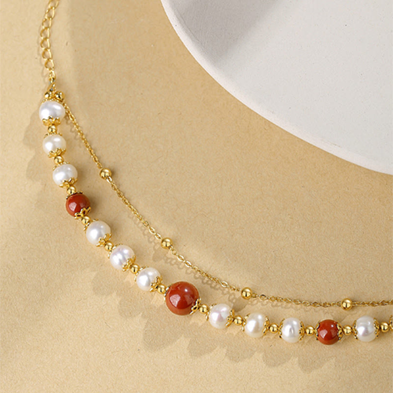 Nimara Ritual 925 Sterling Silver Pearl Cinnabar Wisdom Bead Double Layer Chain Bracelet