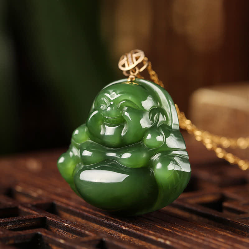 Nimara Ritual 925 Sterling Silver Laughing Buddha Hetian Cyan Jade 18K Gold Success Necklace Chain Pendant