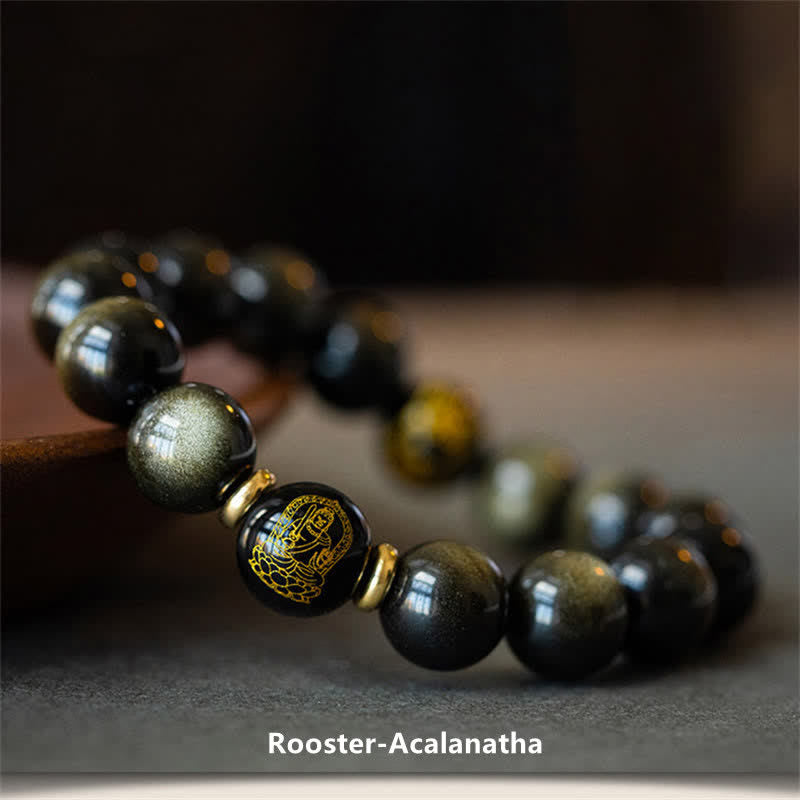Nimara Ritual Chinese Zodiac Natal Buddha Gold Sheen Obsidian Wealth Protection Bracelet