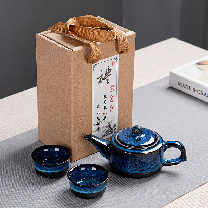 Nimara Ritual Blue Gradient Color Chinese Gongfu Tea Ceramic Teapot Portable Gift Bag Box Set